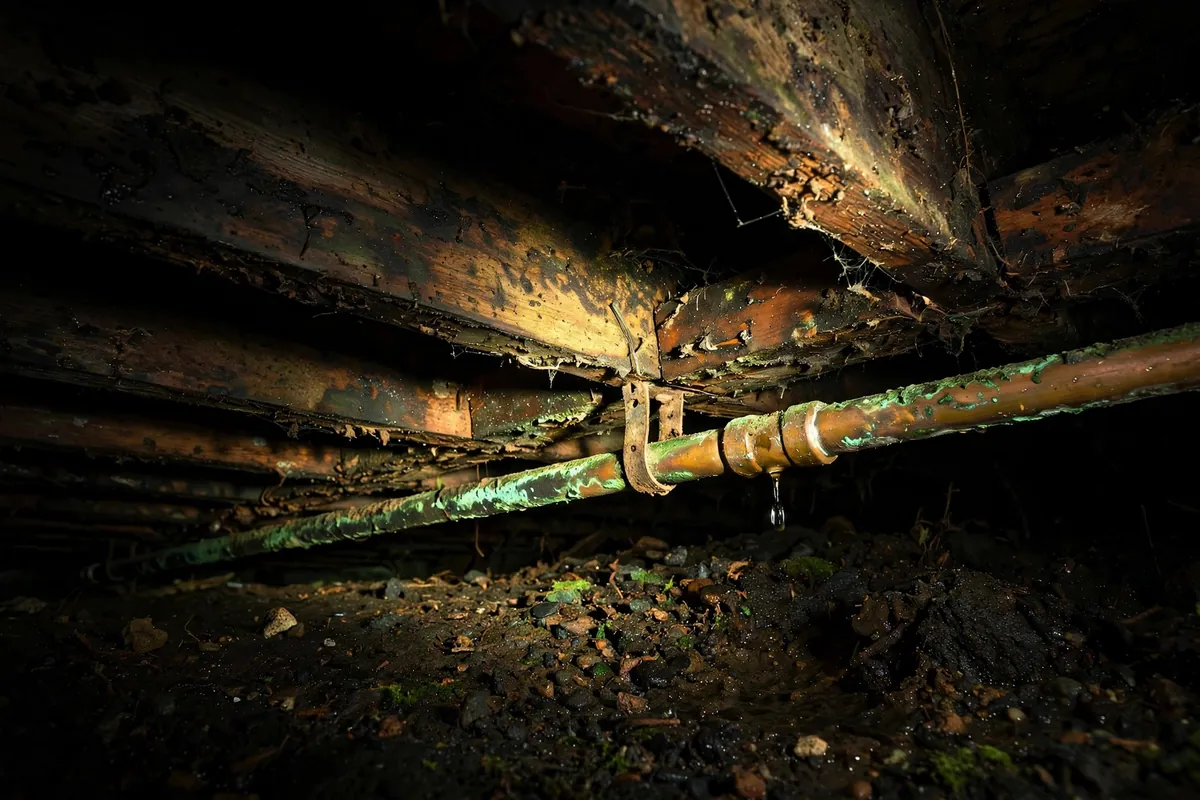 Moisture-stained floor joists and a leaking copper line in a crawl space