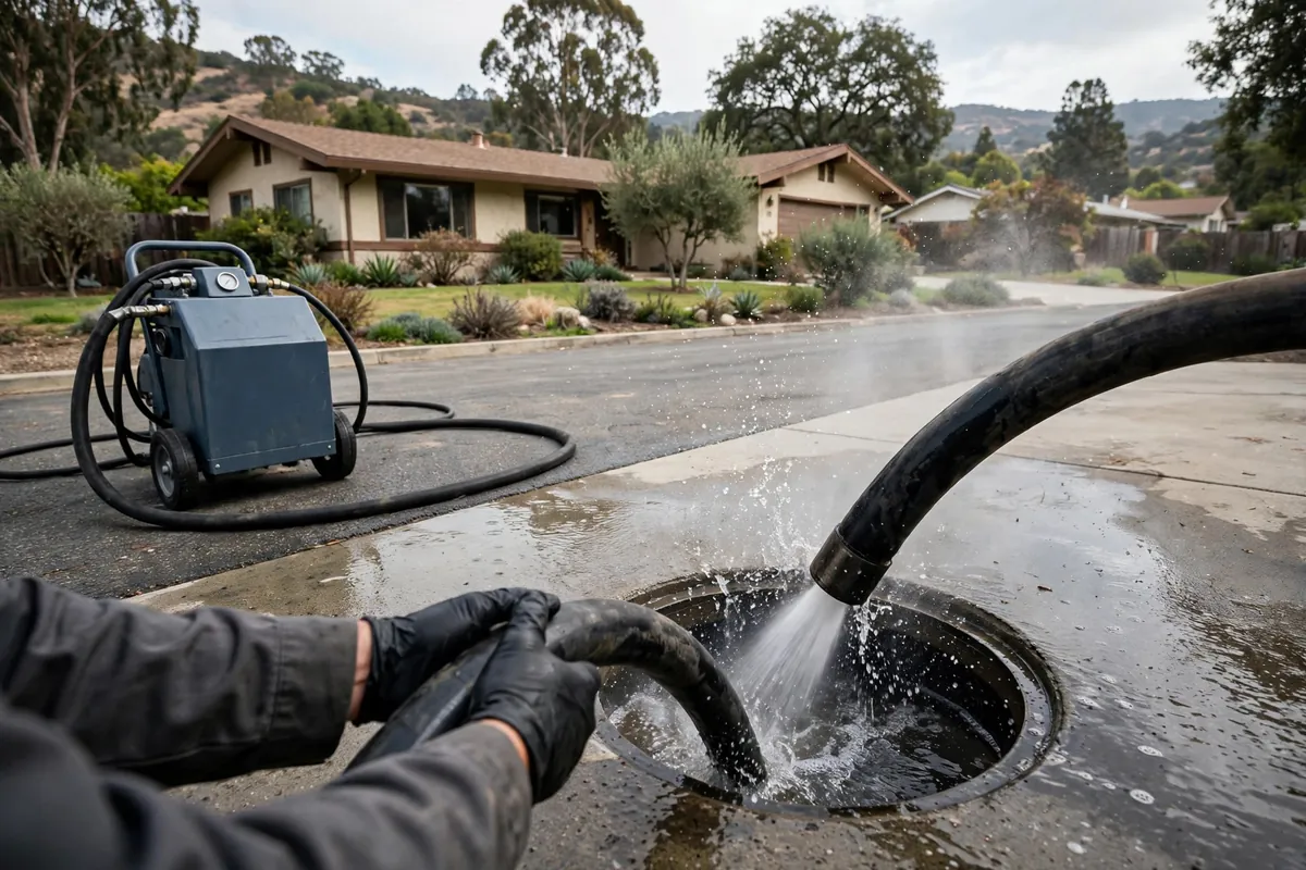 Hydro-jetting equipment clearing a residential drain line