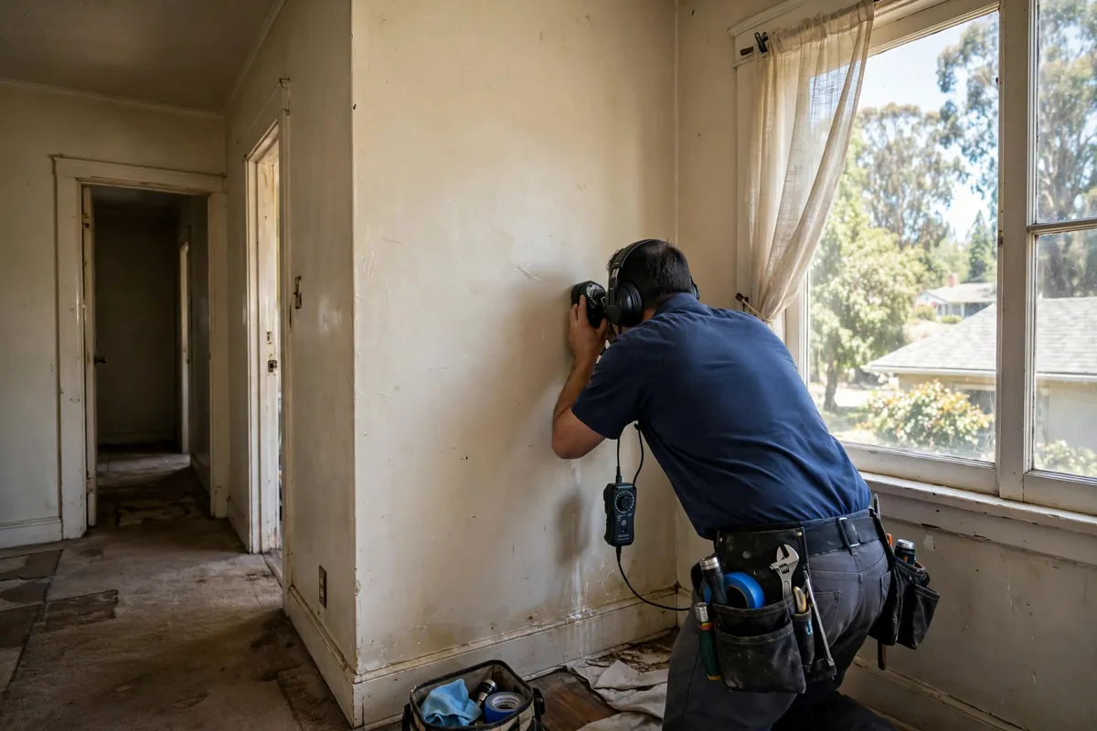 Technician using acoustic listening equipment at a wall in an older Edgewood Park home