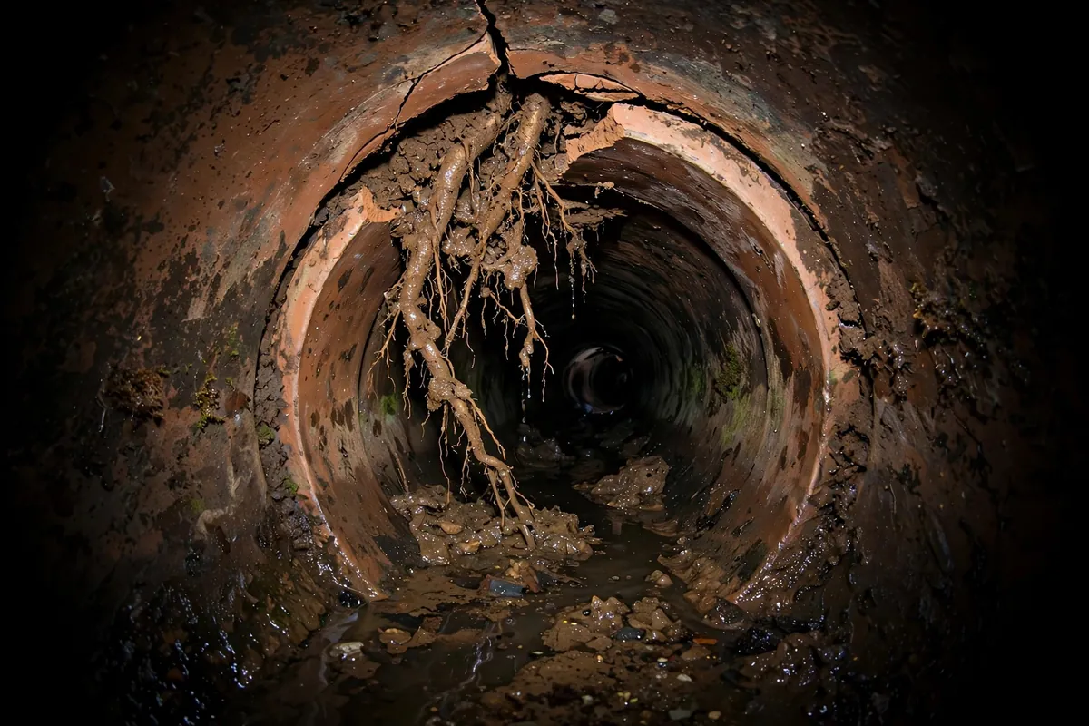 Sewer camera view of roots entering a lateral at a joint