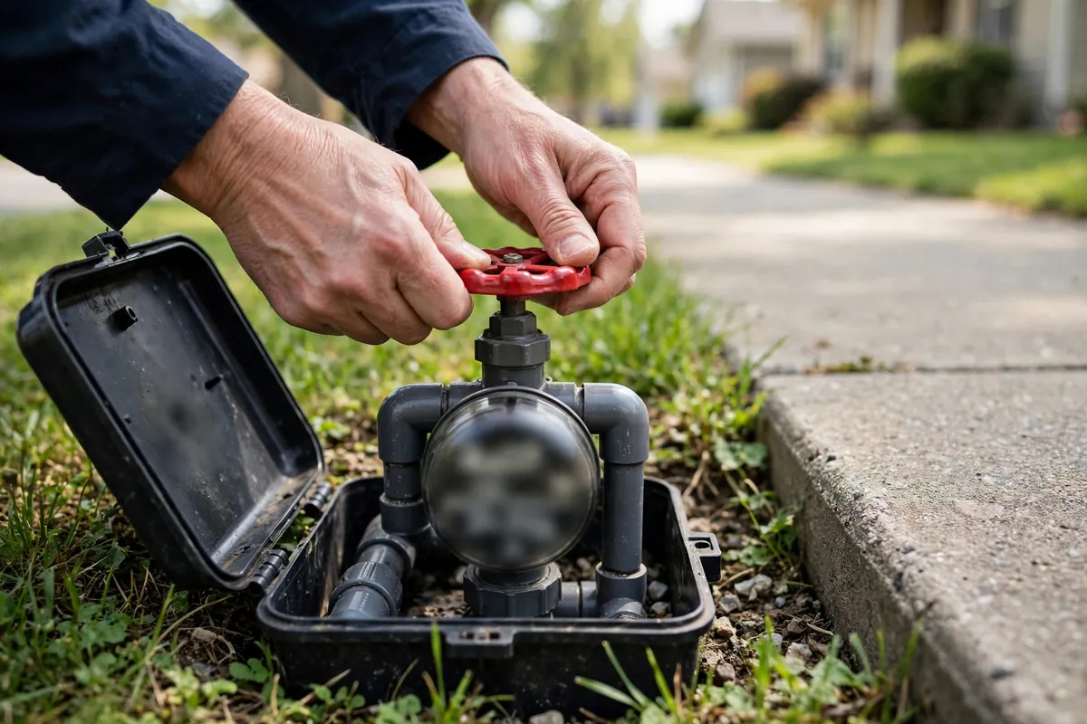 Homeowner turning the main water shut-off valve at the meter