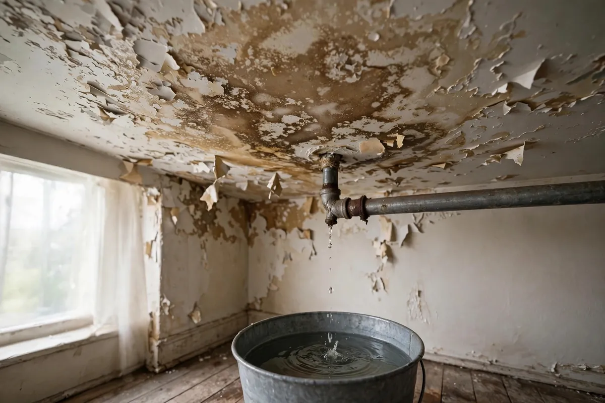Water staining and bubbling paint on a ceiling below a leaking pipe
