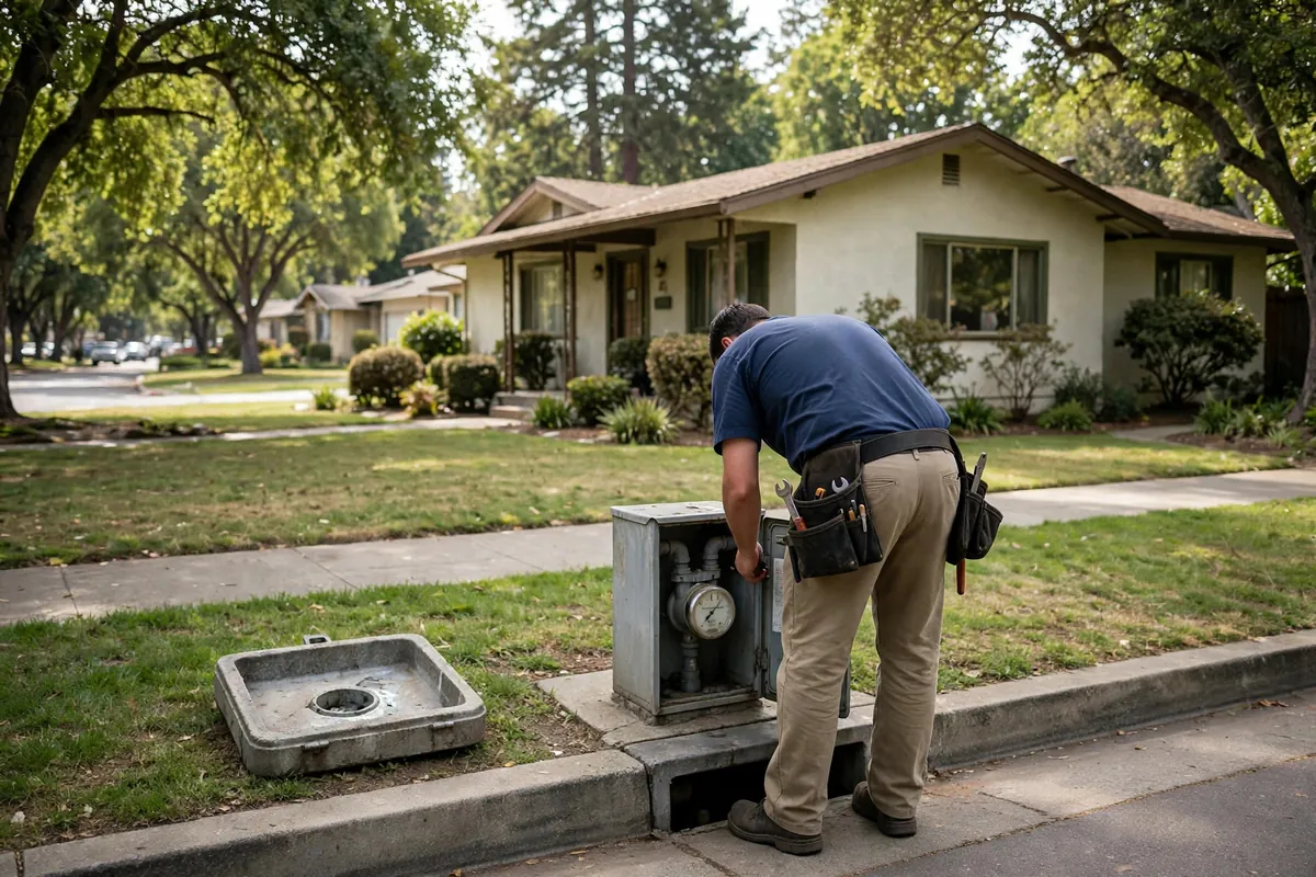 Technician at the water meter of a 1950s ranch home on a Farm Hill street