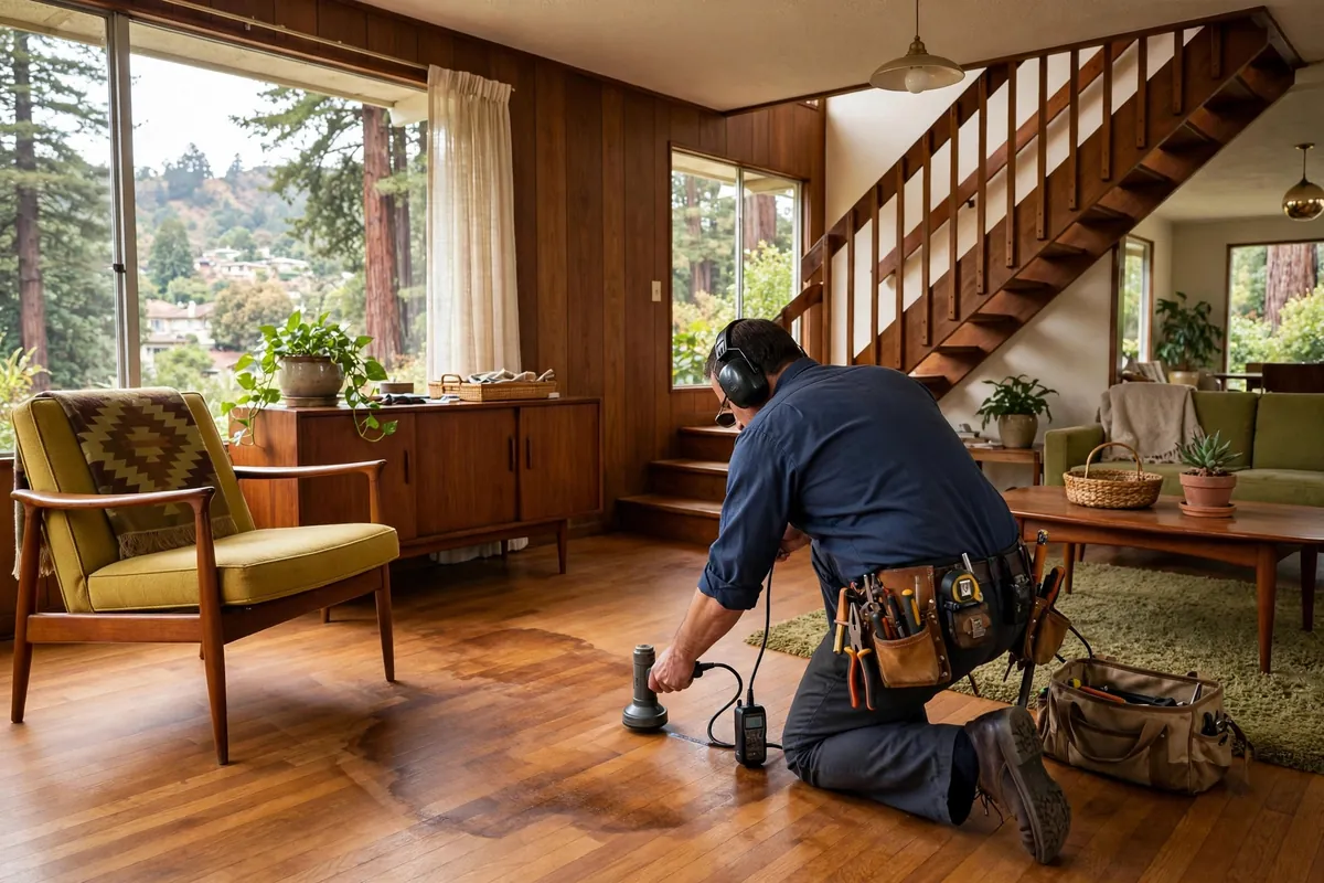 Acoustic listening equipment pinpointing a leak through the floor of a split-level home