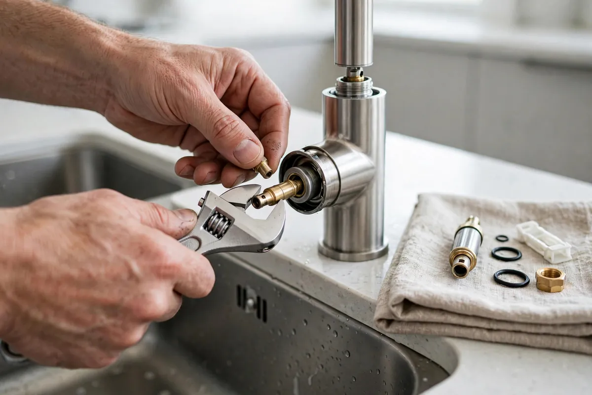 Plumber replacing a faucet cartridge at a kitchen sink
