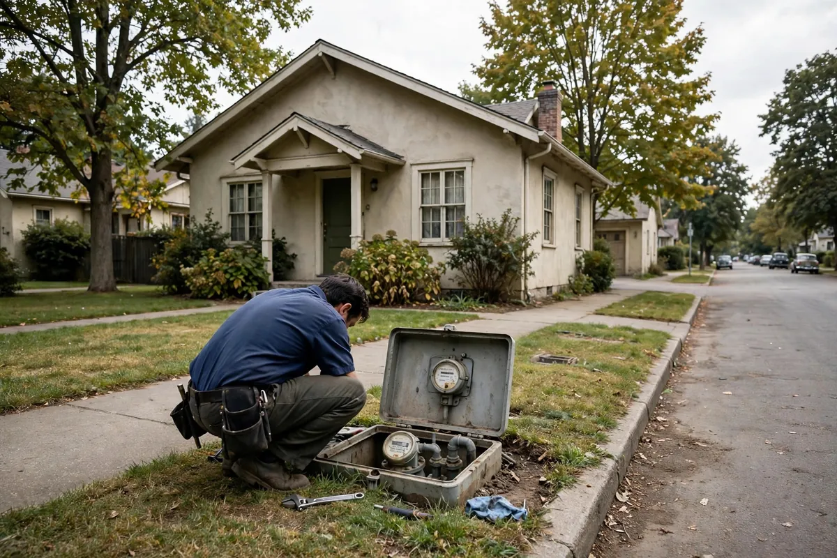 Technician reading a water meter at a postwar Friendly Acres home