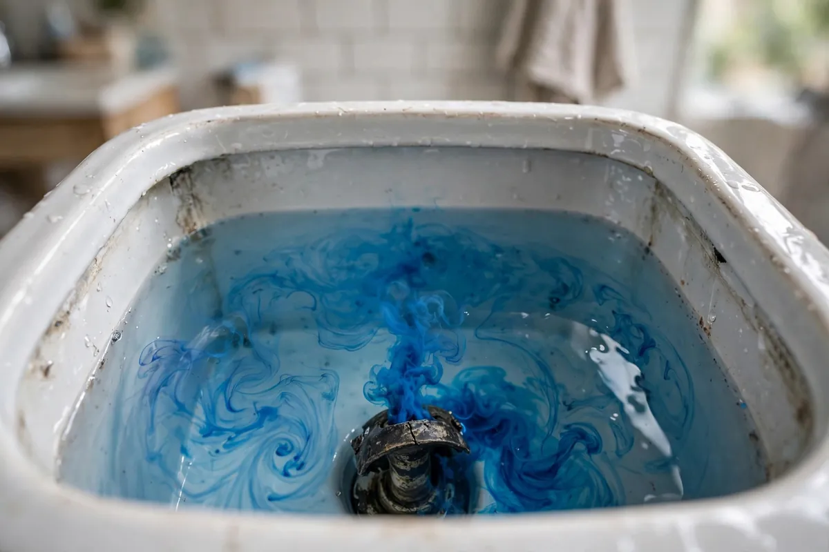 Dye test in a toilet tank showing a silent flapper leak