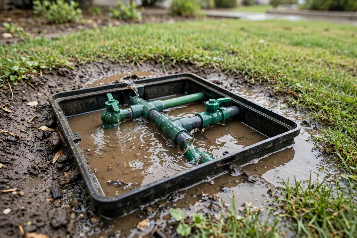 Sprinkler valve box with standing water from a leaking irrigation line