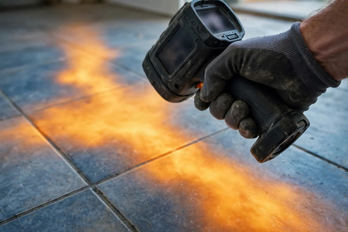 Thermal camera showing a warm leak plume on a floor