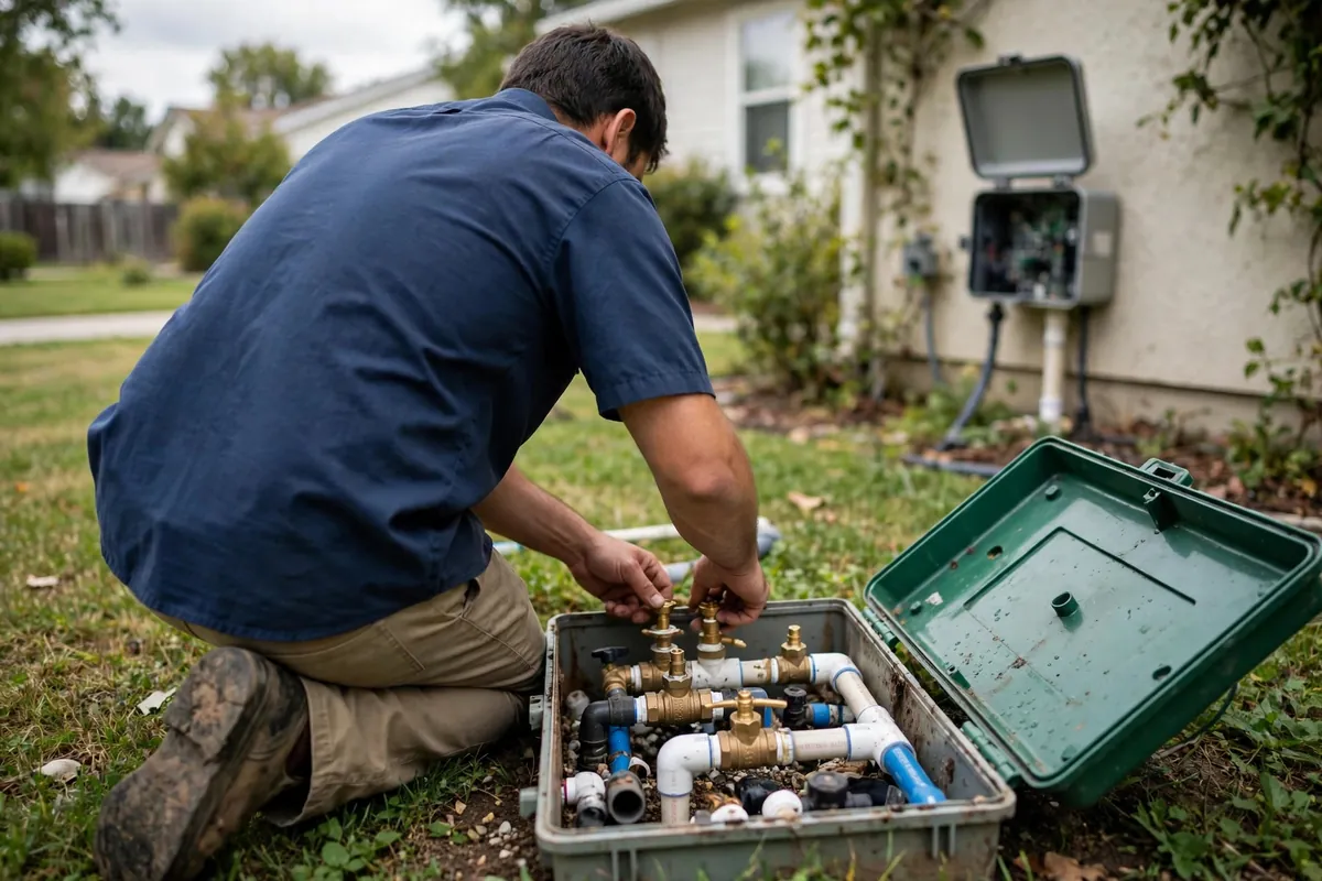 Technician testing irrigation valves and controller zones
