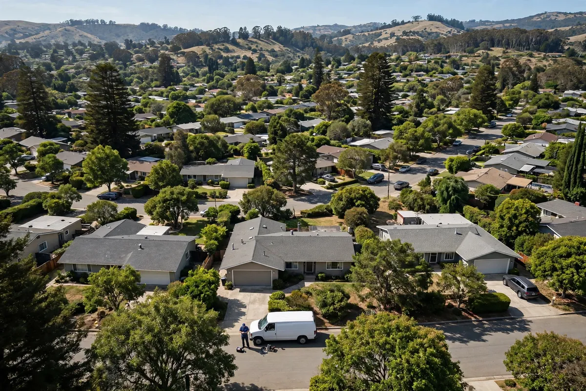 Map-style shot of a technician's marked service area covering Redwood City neighborhoods