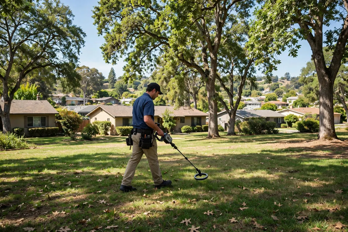 Technician electronically tracing a buried water line across a Redwood Oaks yard