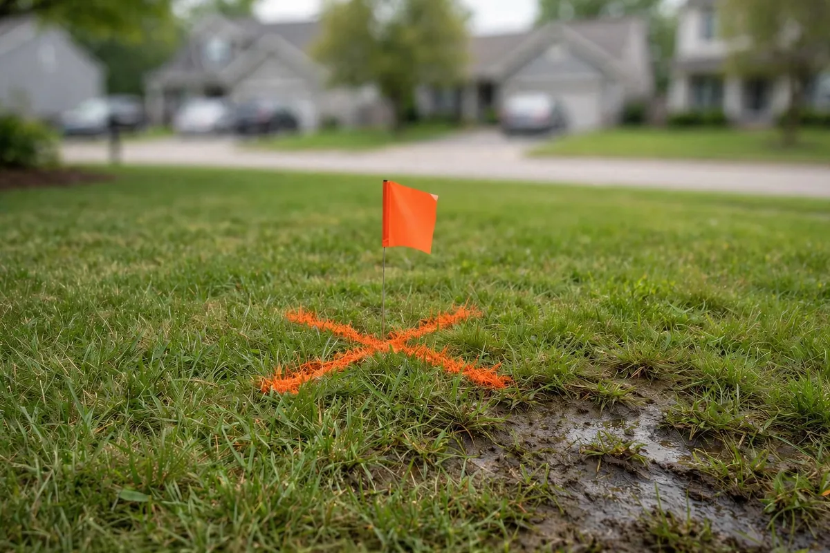 Marked spot on a lawn directly over a pinpointed buried line leak