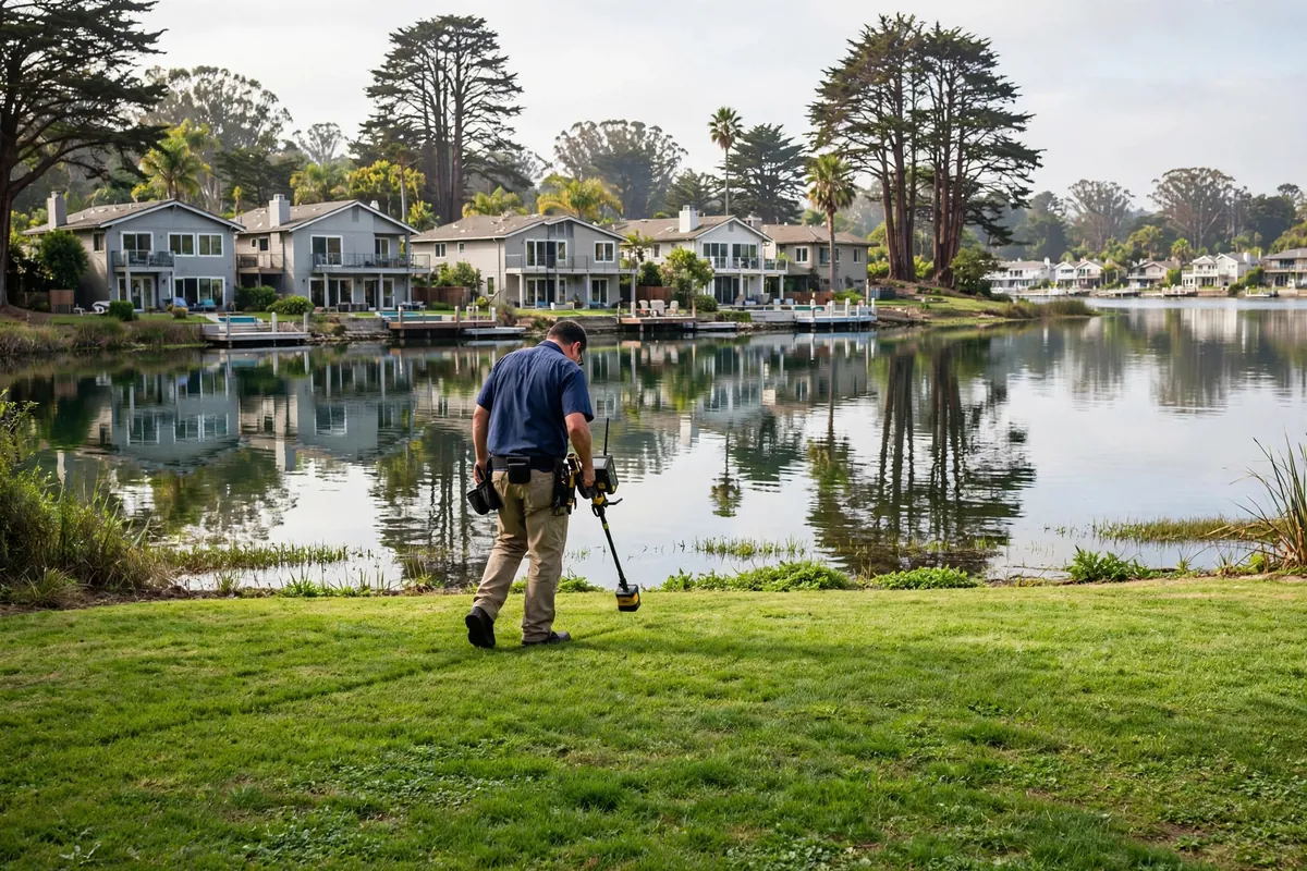 Technician tracing a buried water line across a lagoon-side lawn in Redwood Shores