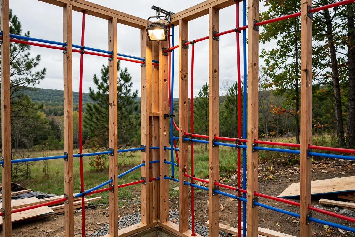 New PEX piping runs installed through a home's framing