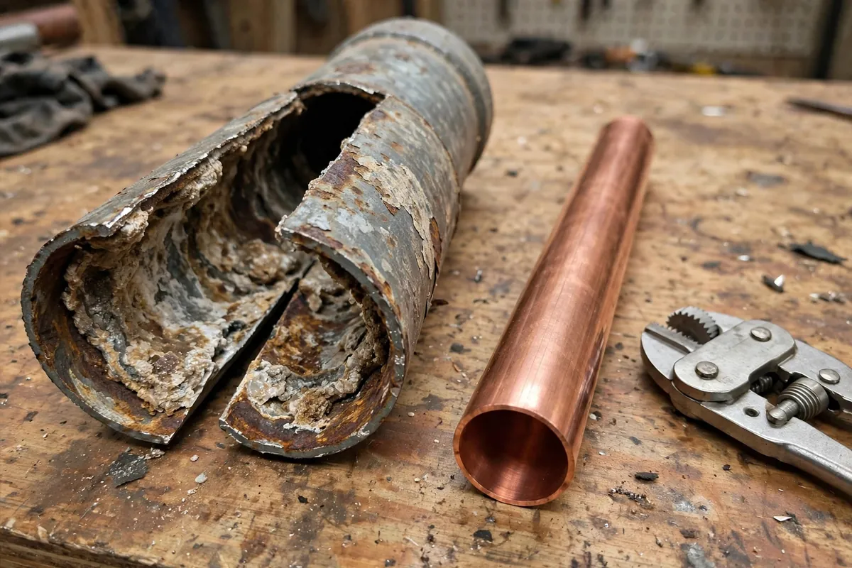 Corroded galvanized pipe section cut out next to new copper pipe