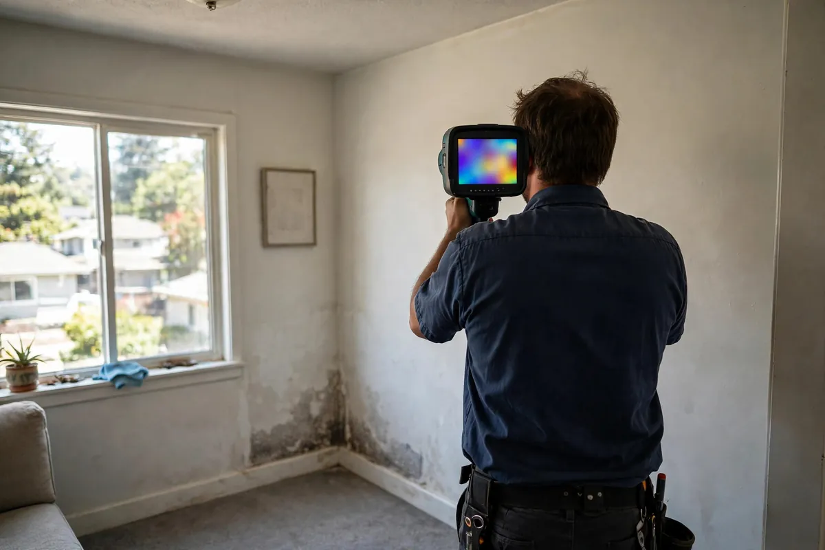 Thermal camera scanning an interior wall for a hidden leak in a Roosevelt home