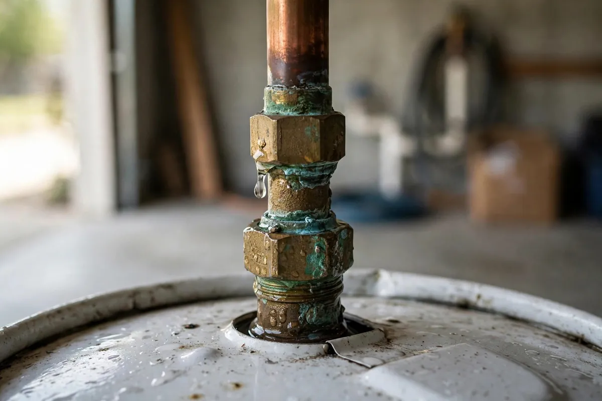 Close-up of a corroded water heater fitting with an active drip