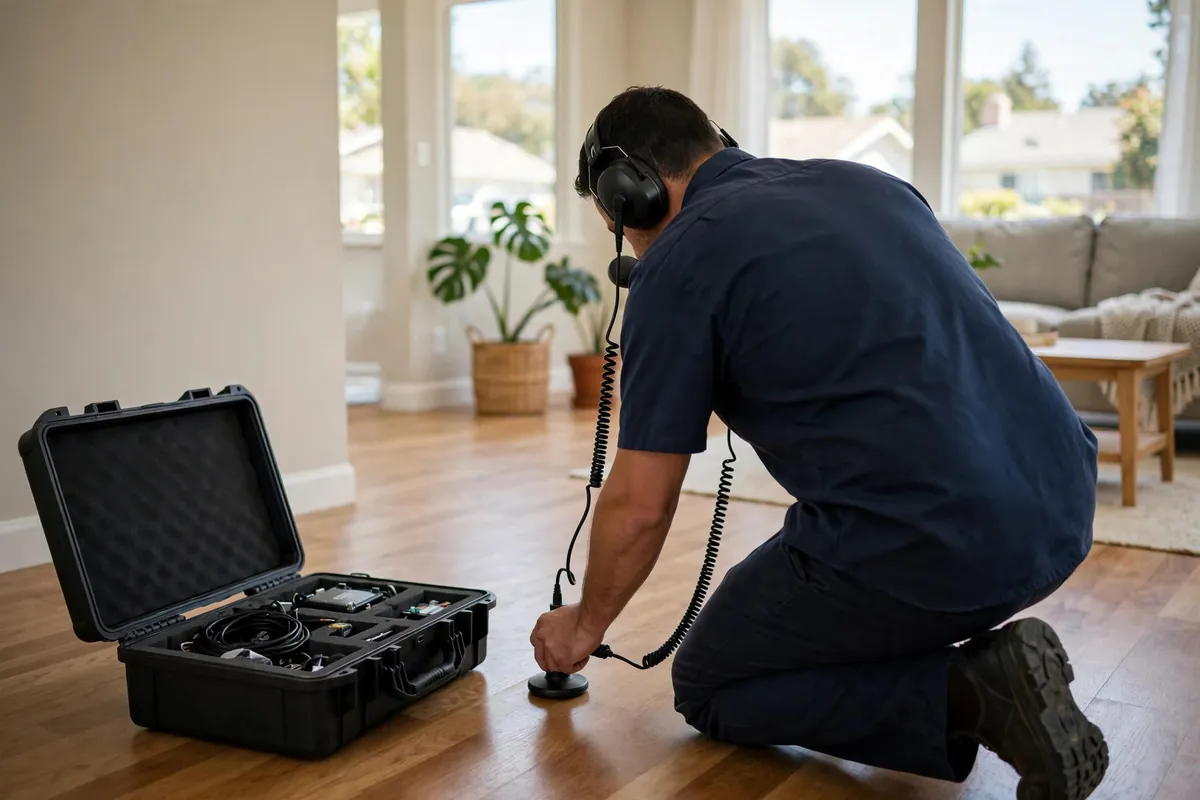 Leak detection specialist with acoustic listening equipment at a Redwood City home
