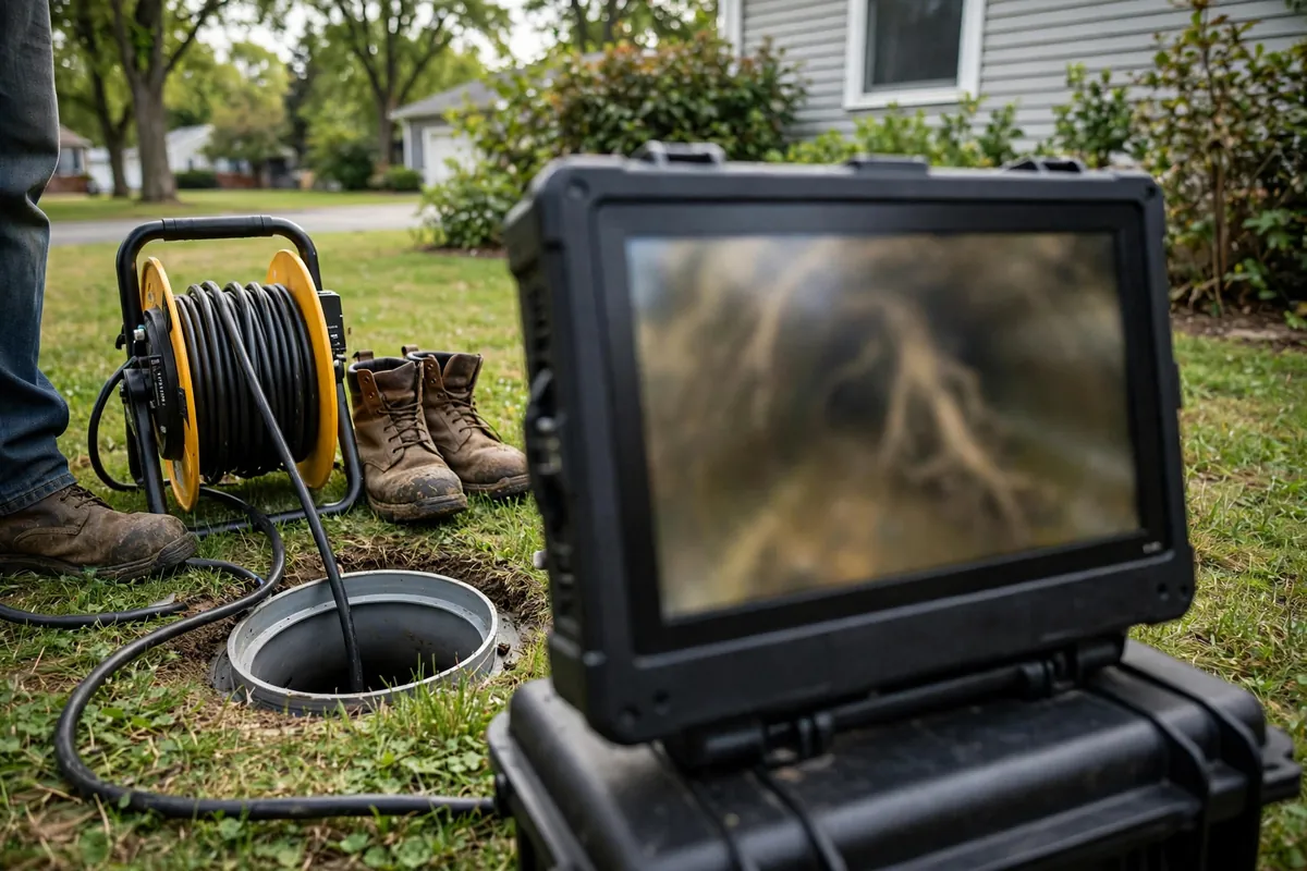 Sewer camera monitor showing roots inside a pipe during inspection