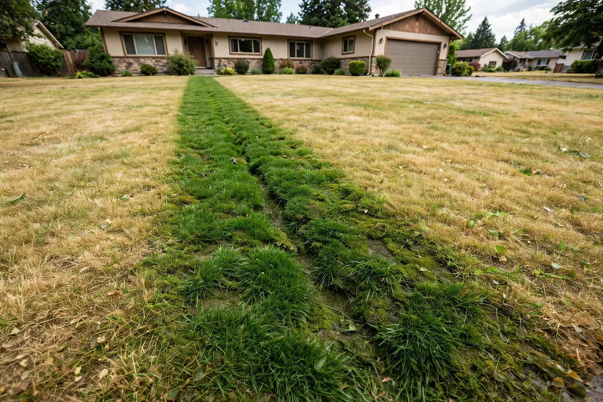 Soggy lush strip of lawn above a leaking sewer line