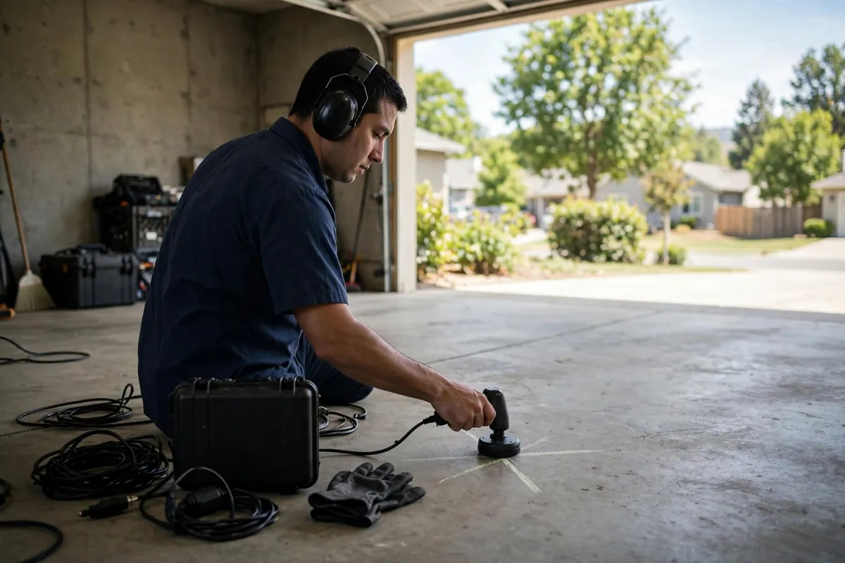 Specialist using acoustic ground microphone over a marked floor location