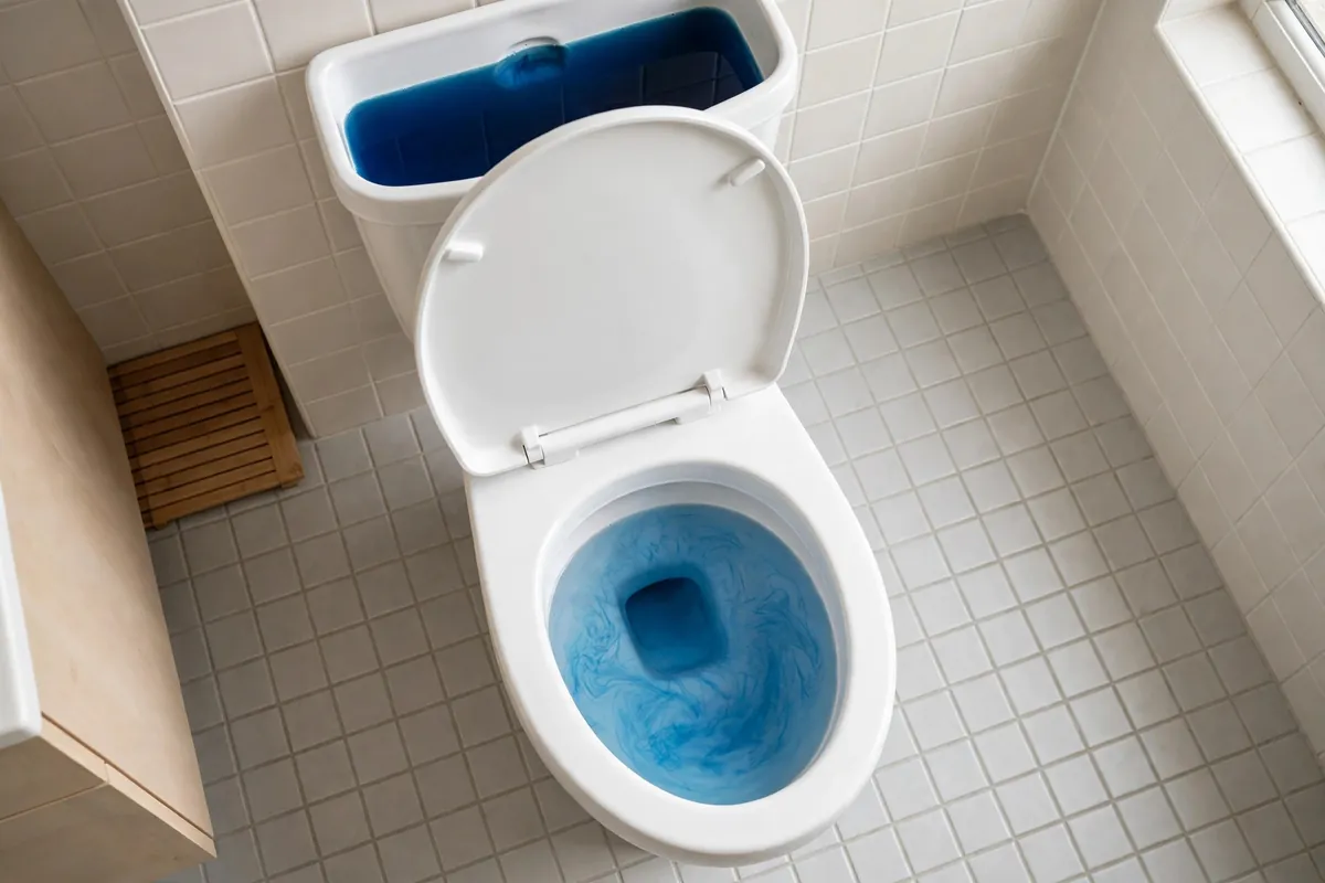 Dye test showing colored water leaking from tank into toilet bowl