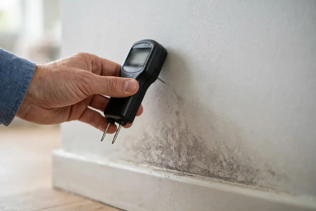 Moisture meter reading on a wall with a faint damp stain