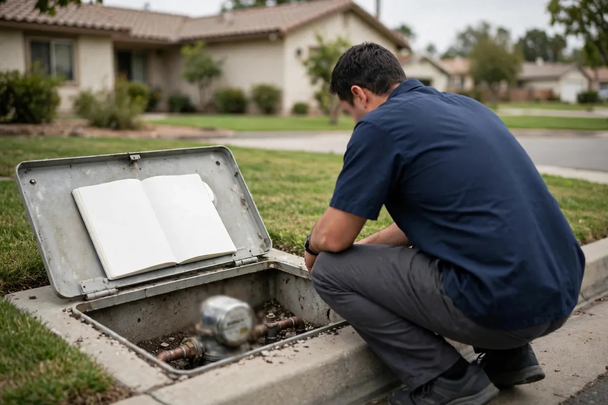 Specialist reading a residential water meter during a leak test