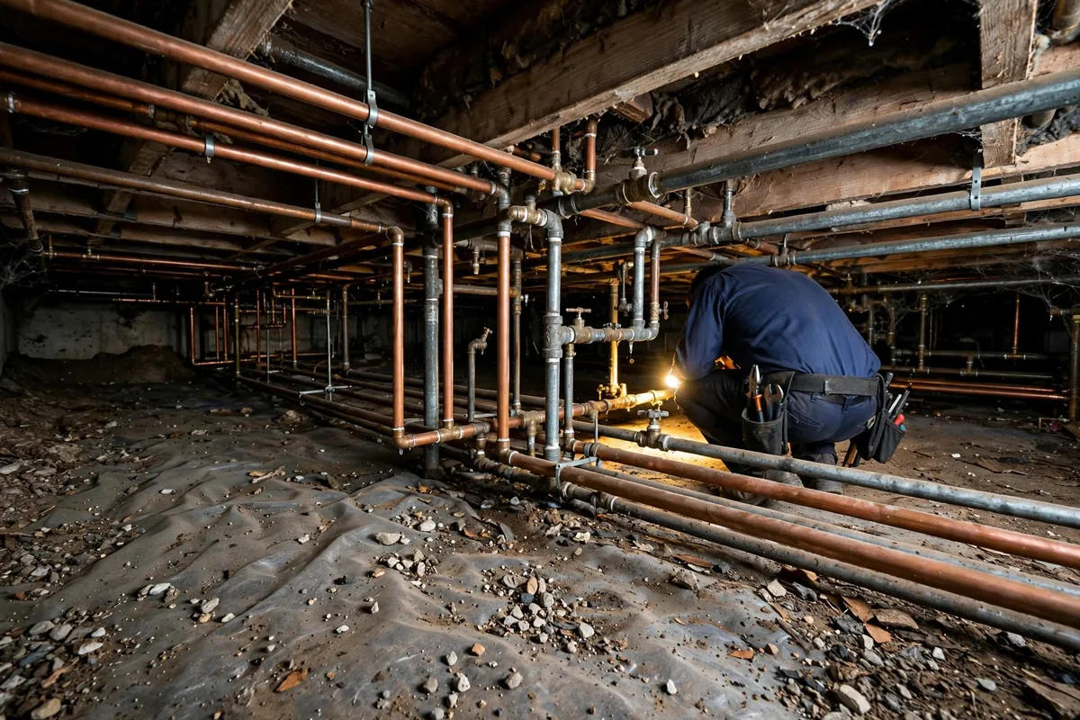 Technician inspecting supply lines in the crawl space of a 1950s ranch home