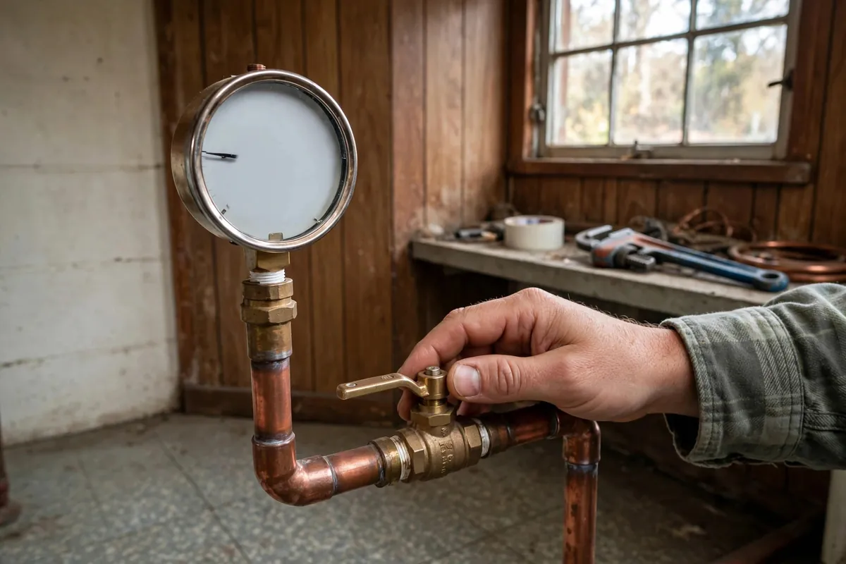 Pressure gauge test being run on a supply branch in a midcentury home